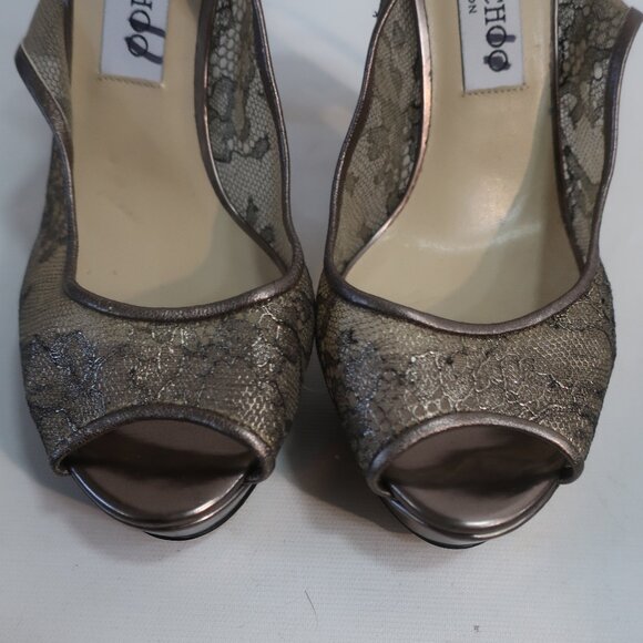 NWD Authentic Jimmy Choo Metallic Bronze Leather Lace Peep Toe Heels 38.5 US/8.5 - Picture 7 of 12